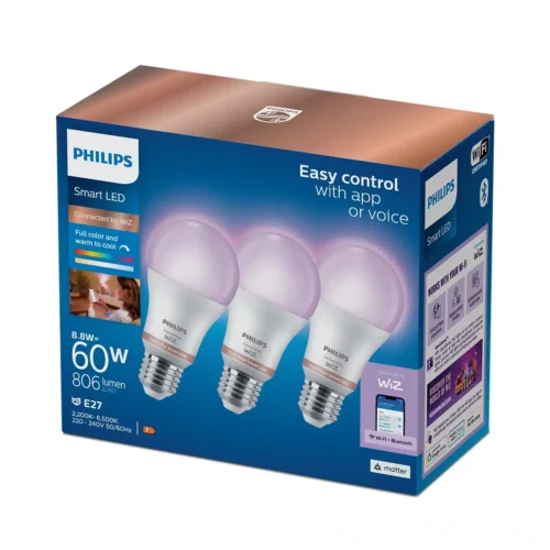 Bombilla Philips Smart Led Color Estándar A60 E27 Pack Triple Wifi Con tecnología SpaceSense
