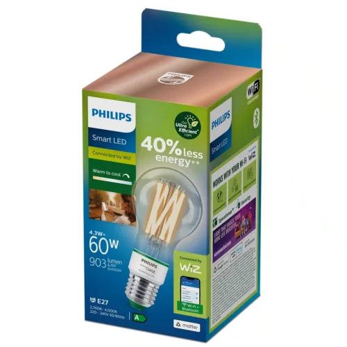 Bombilla Philips Smart Led Filamento Claro Estándar A60 Ambiance Ultra Eficiente E27 Pack Individual Wifi