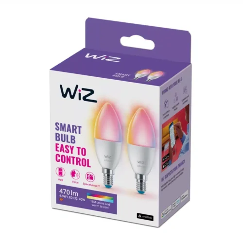 Bombilla WiZ Color Vela E14 Pack Doble Philips Wifi Con tecnología SpaceSense